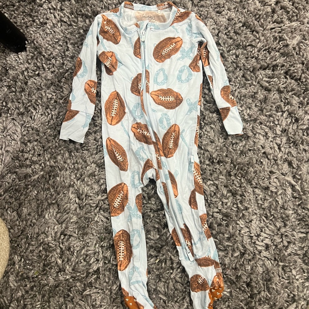 Posh Peanut Blue and Brown Footed One Piece with Football Print